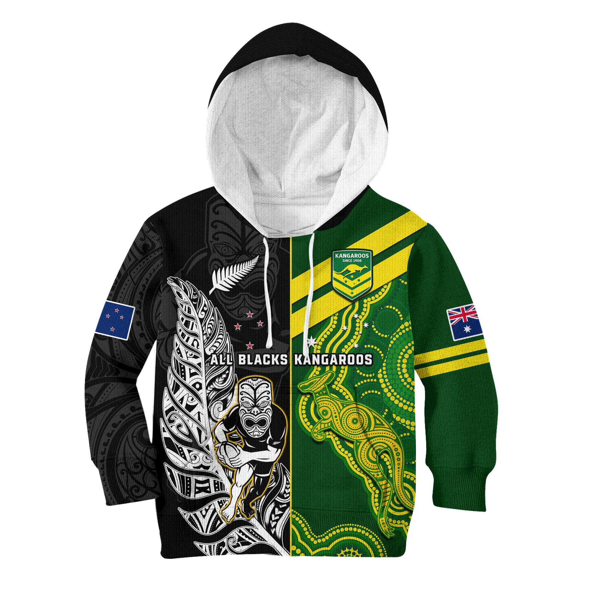 (Custom Personalised) Australia Kangaroos And All Black Rugby Hoodie KID Aboriginal Mix NZ Maori Fern LT14 Black - Polynesian Pride