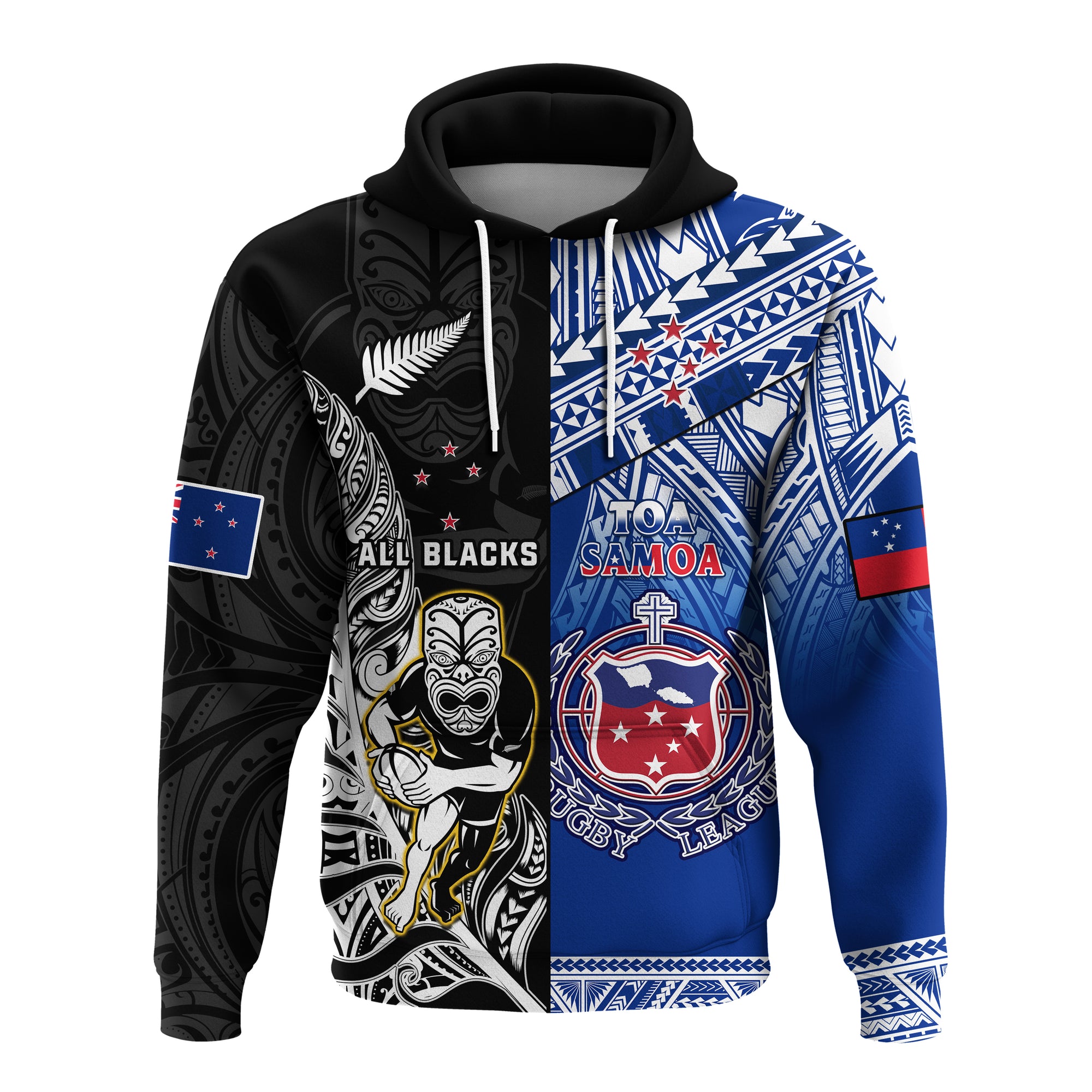 Custom All Black and Toa Samoa Rugby Hoodie NZ Maori Fern Mix Polynesian LT14 Pullover Hoodie Blue - Polynesian Pride