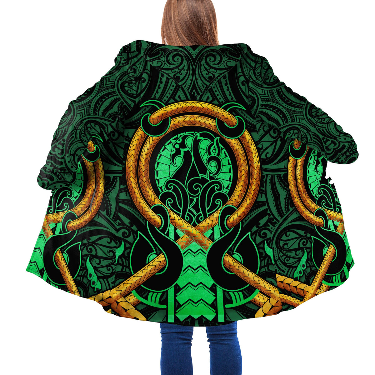 Aotearoa Manaia Green Maori New Zealand Premium Printed Cloak - Polynesian Pride