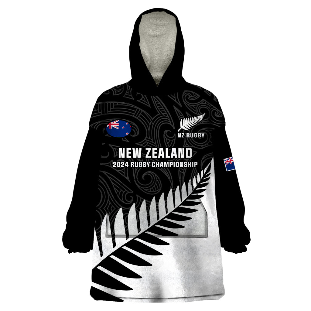 Personalised New Zealand Silver Fern Rugby Wearable Blanket Hoodie All Black 2023 Go Champions Maori Pattern LT14