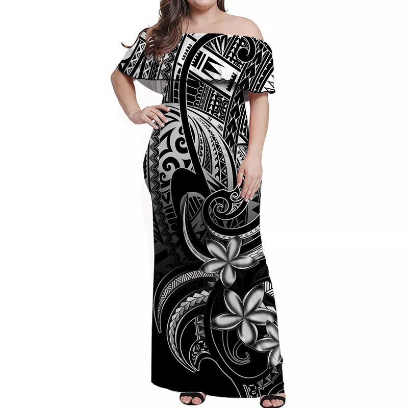 Polynesian Pride Off Shoulder Long Dress Polynesia Tribal Royal Black LT14 Women Black - Polynesian Pride