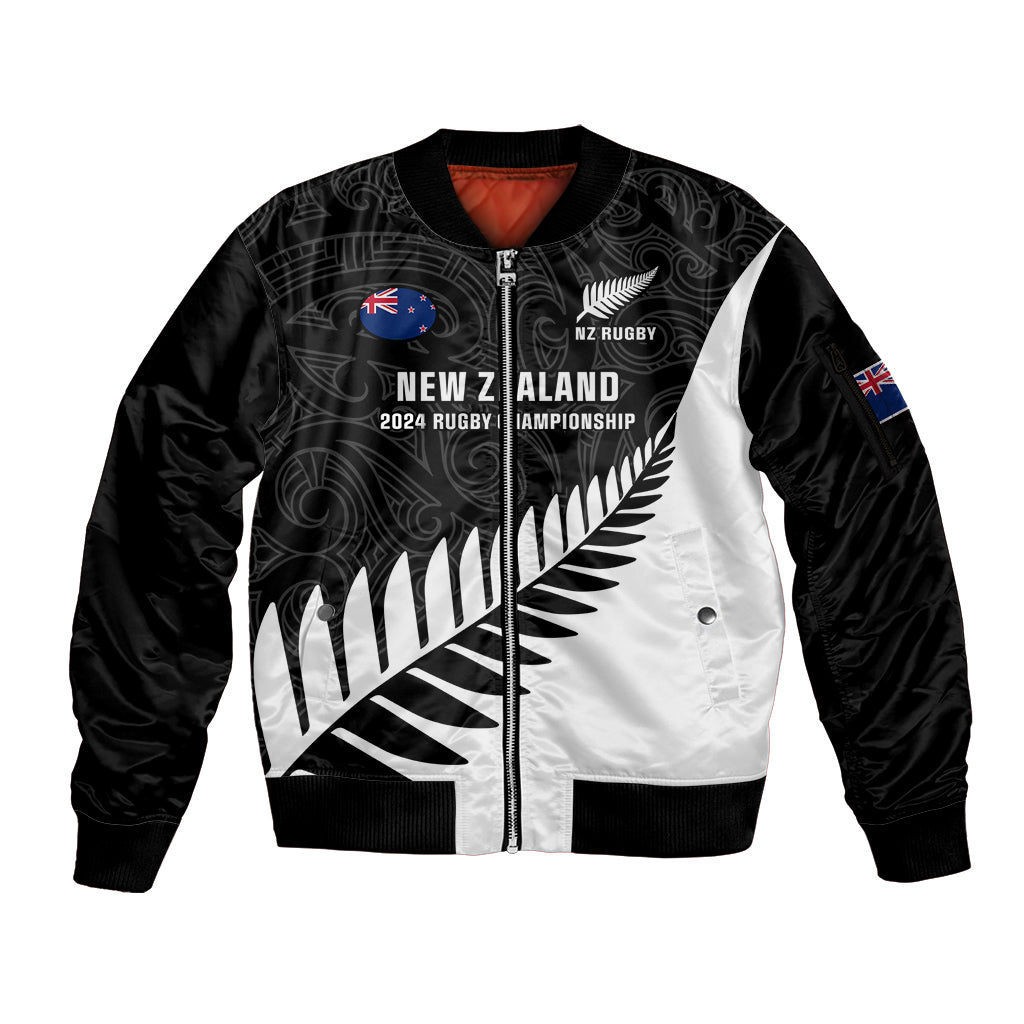 New Zealand Silver Fern Rugby Sleeve Zip Bomber Jacket All Black 2023 Go Champions Maori Pattern LT14