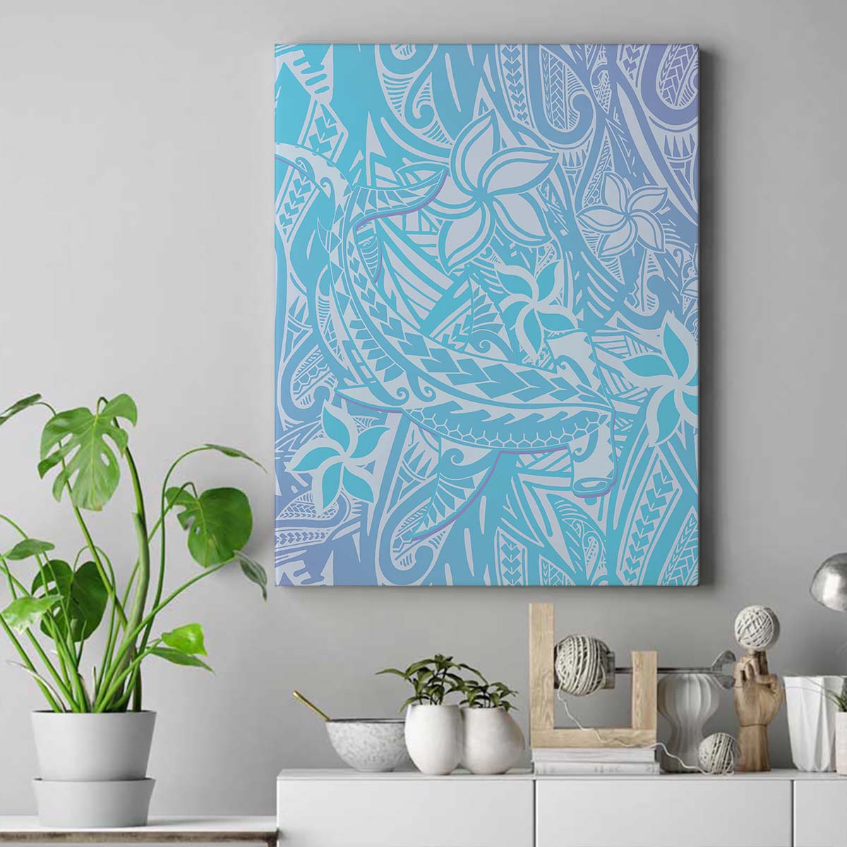 Baby Blue Gradient Polynesia Canvas Wall Art Hawaiian Tribal Hammerhead Shark Tattoo LT14 Baby Blue - Polynesian Pride