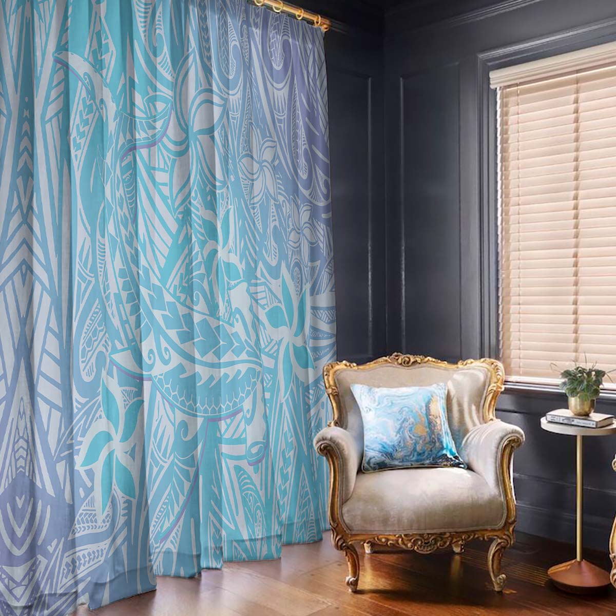 Baby Blue Gradient Polynesia Window Curtain Hawaiian Tribal Hammerhead Shark Tattoo LT14 Baby Blue - Polynesian Pride