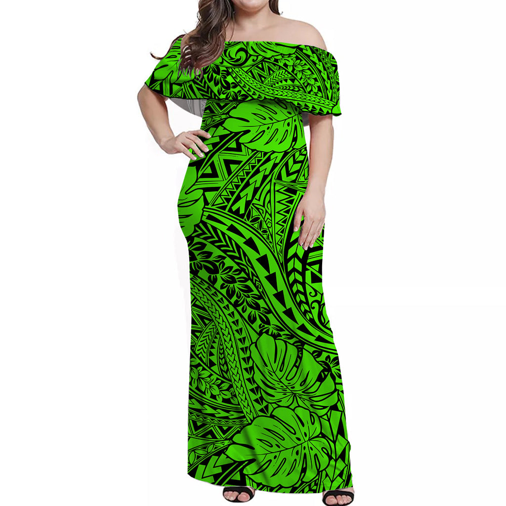 Hawaii Off Shoulder Long Dress Polynesian Tribal Art Ver.06 LT14