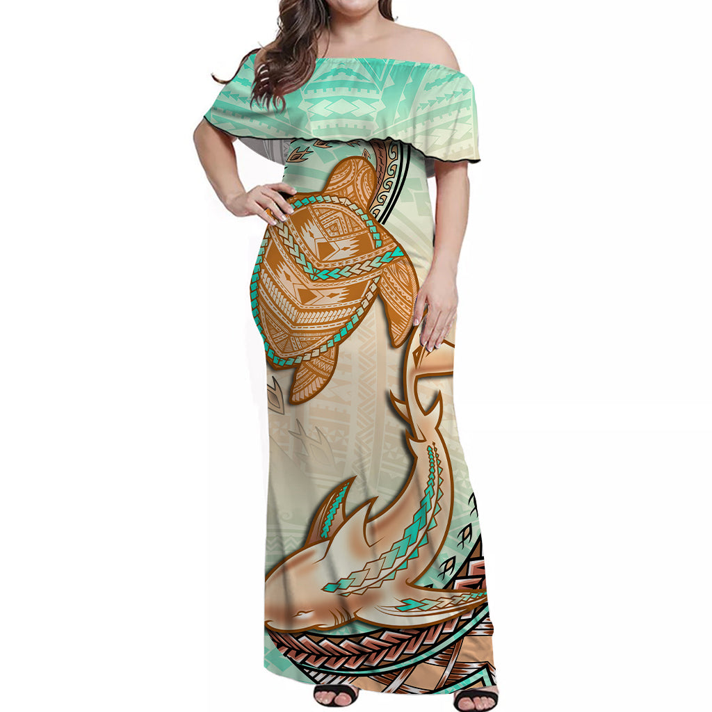 Hawaii Off Shoulder Long Dress Polynesian Shark And Sea Turtle Dreamy Turquoise Artsy LT14