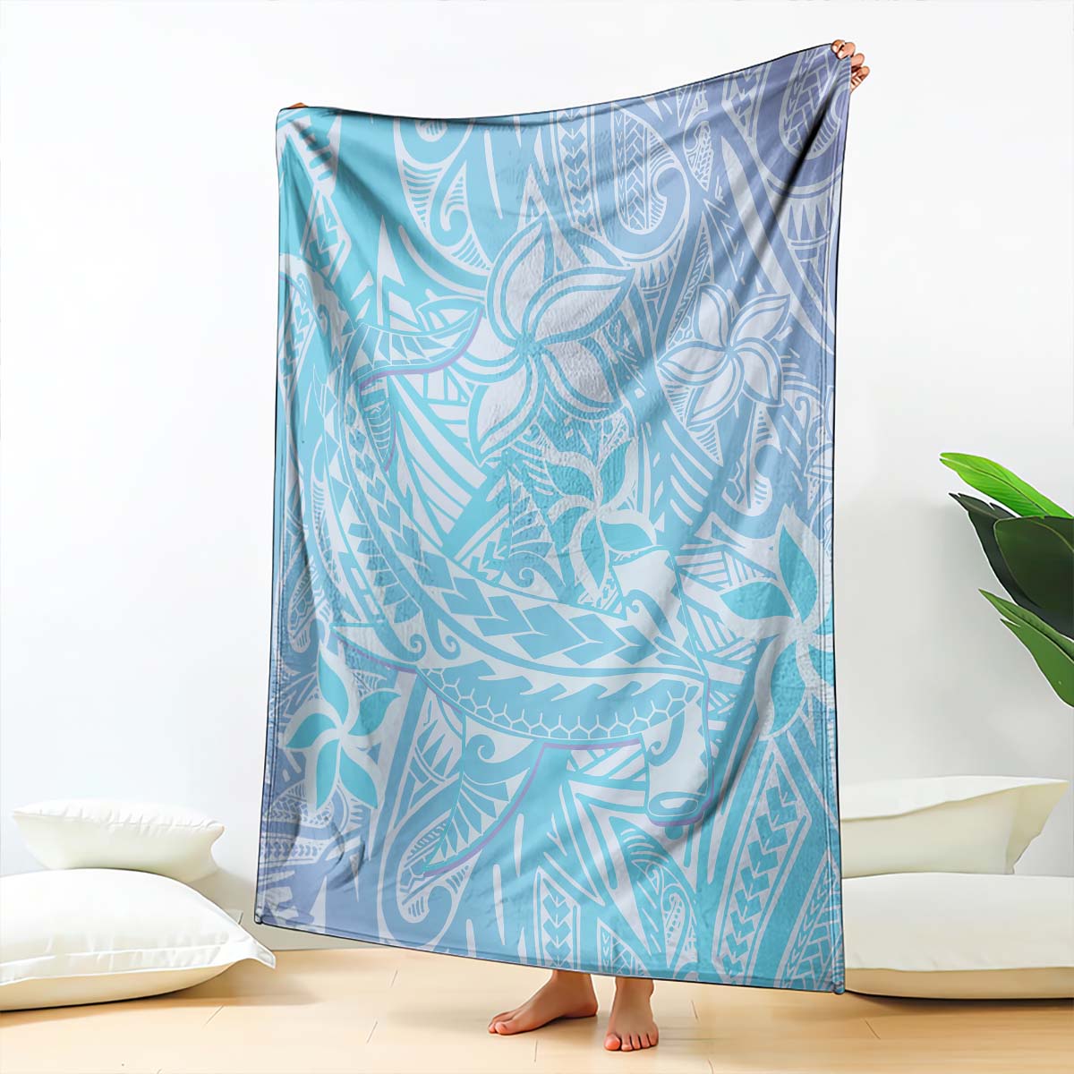 Baby Blue Gradient Polynesia Blanket Hawaiian Tribal Hammerhead Shark Tattoo LT14