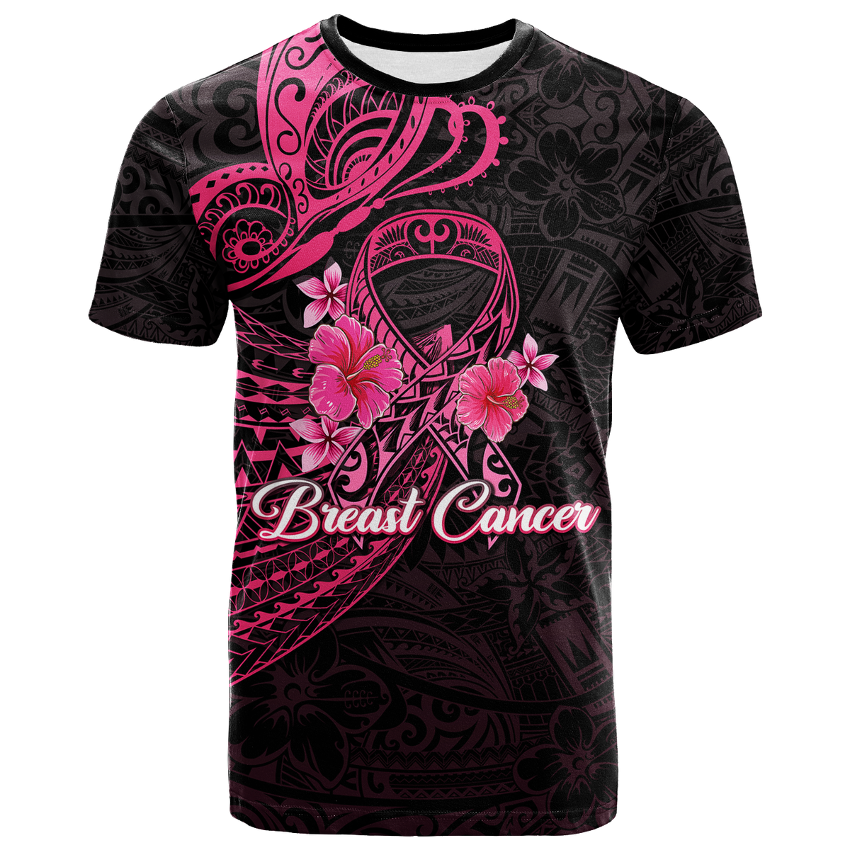 Breast Cancer Pink Ribbon Butterfly Polynesian Black Version T Shirt LT12 Unisex Black - Polynesian Pride