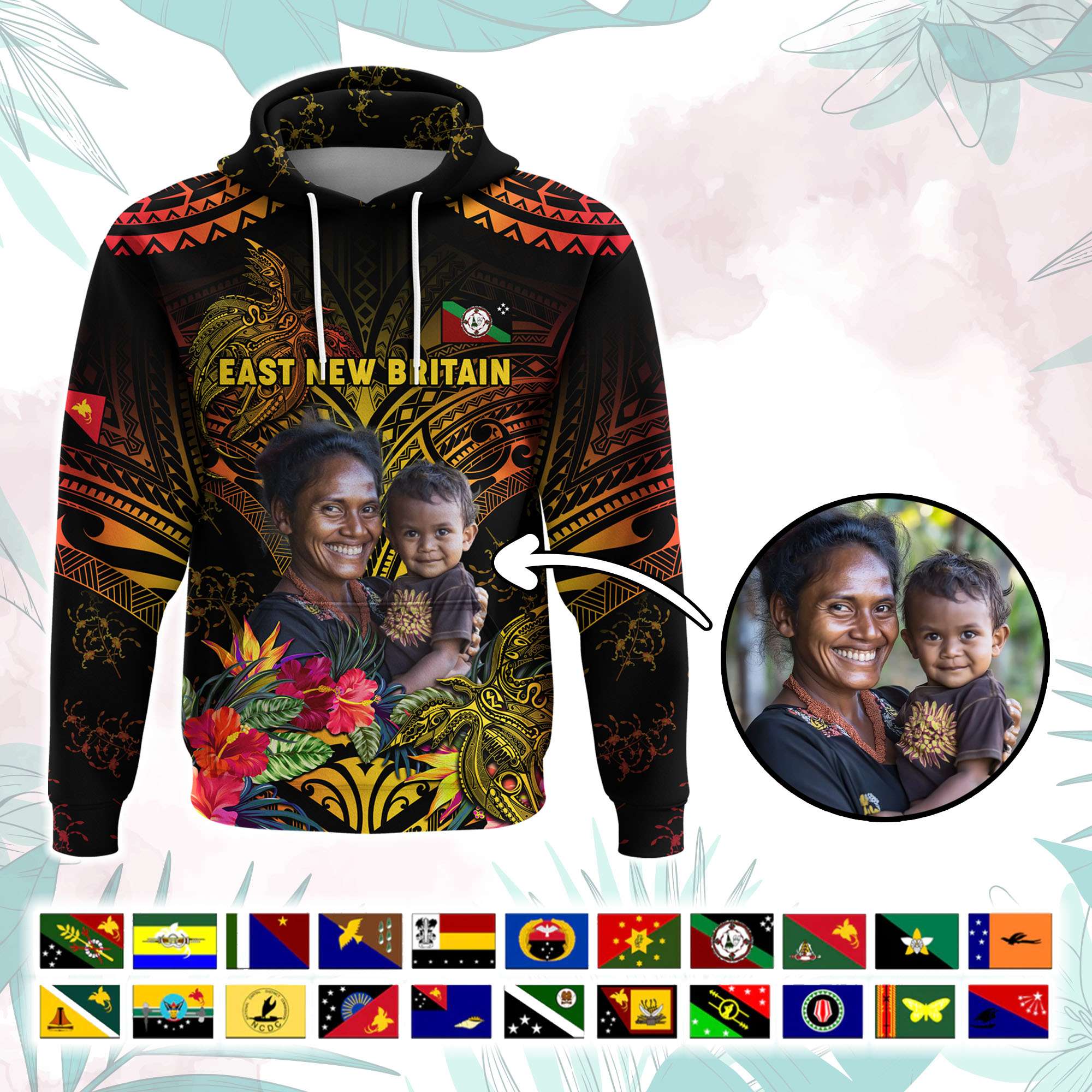 Custom Photo Papua New Guinea Provinces Hoodie Symbol Flag Sepik Blue Orchid Motifs CTM05