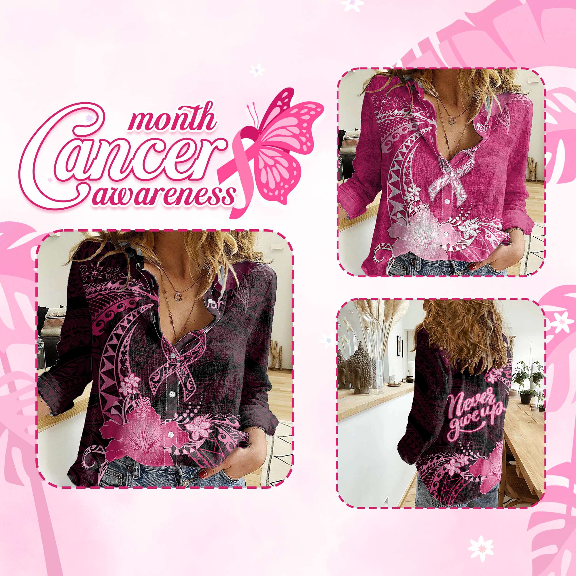 Custom Cancer Awareness Women Casual Shirt Never Give Up Polynesian Ribbon CTM05