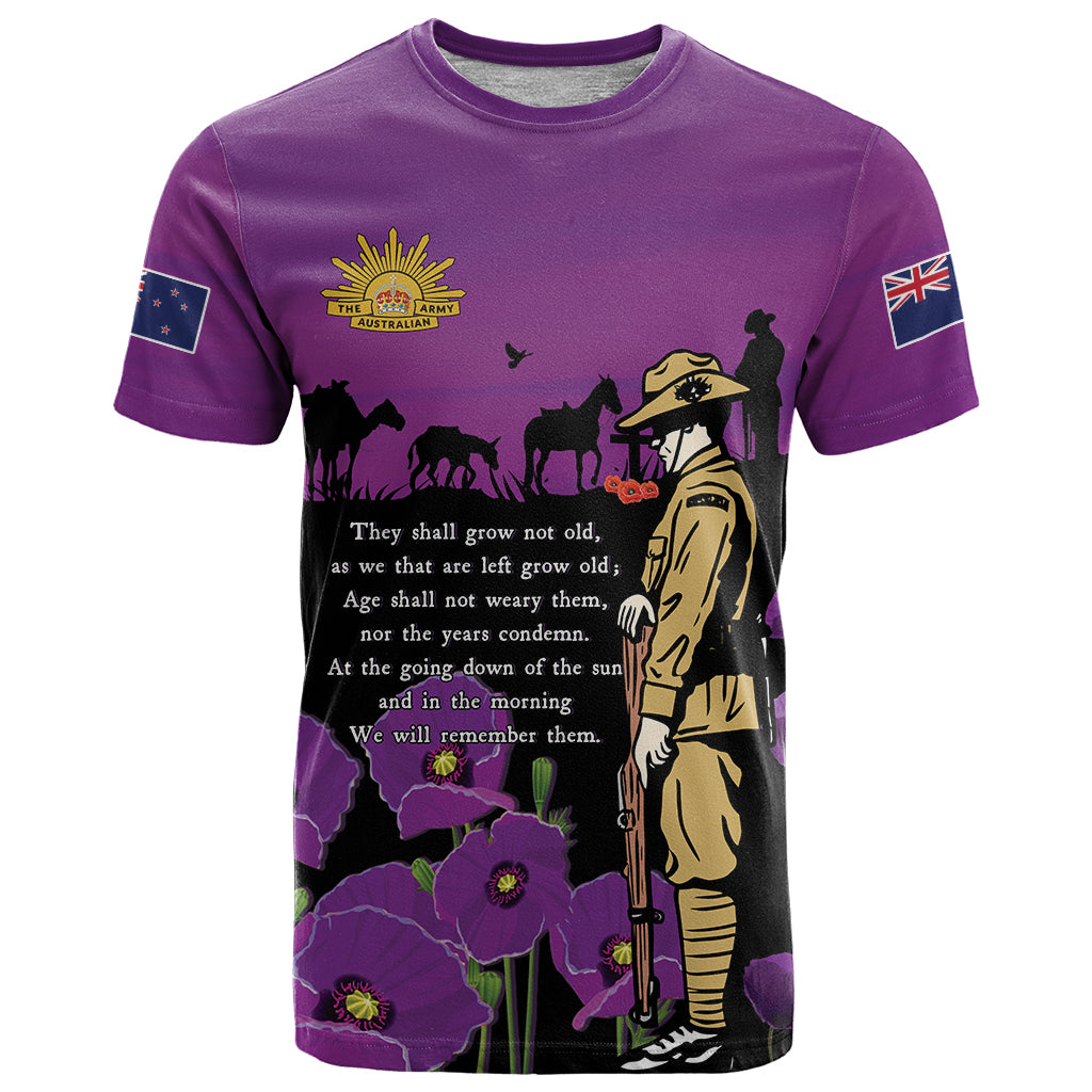 New Zealand ANZAC Soldier and War Animals T Shirt We Will Remember Them LT15 Purple - Polynesian Pride