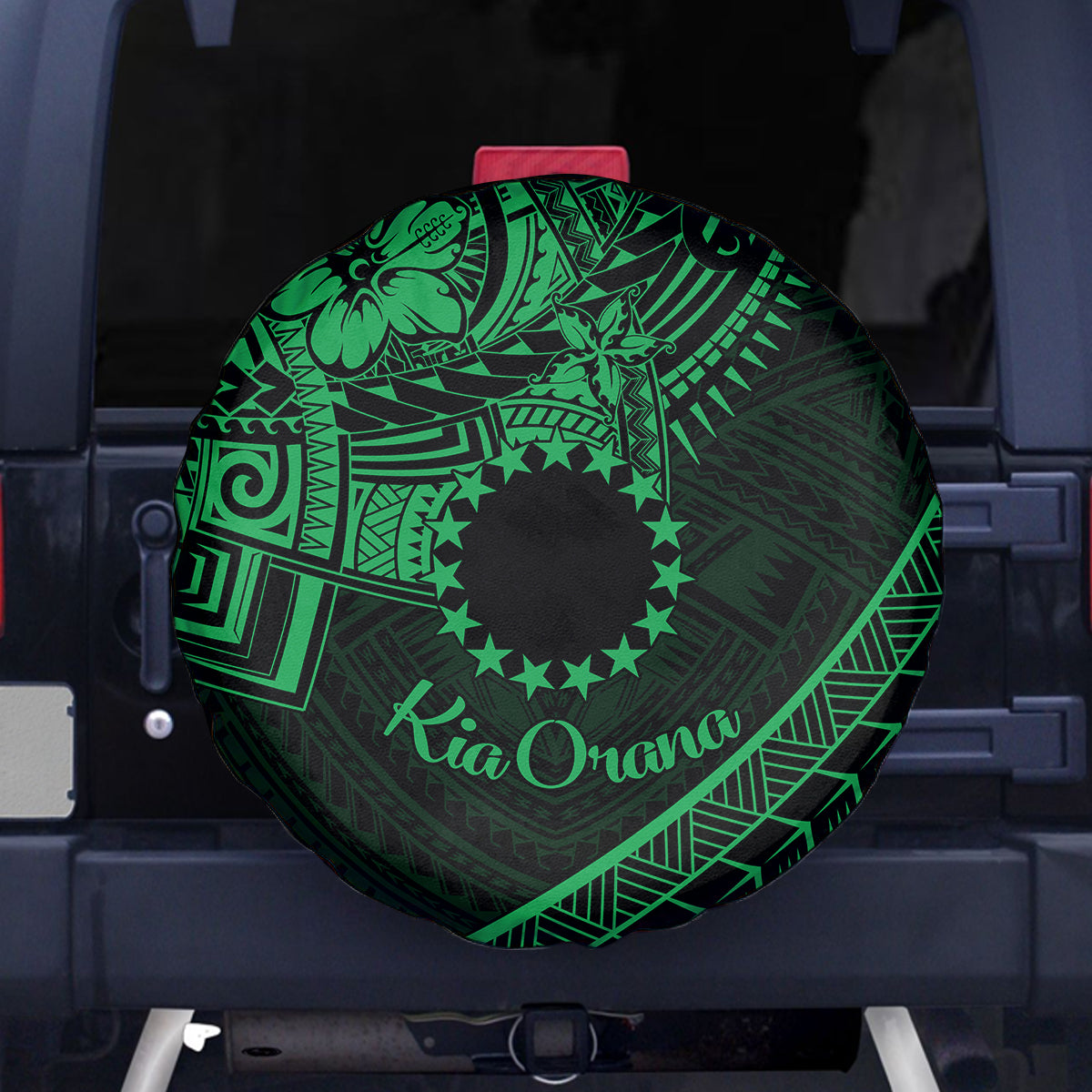 Kia Orana Cook Islands Spare Tire Cover Circle Stars With Floral Green Pattern LT01