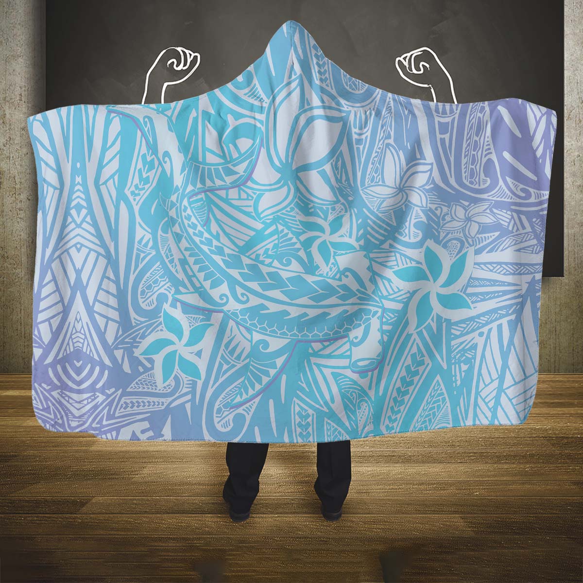 Baby Blue Gradient Polynesia Hooded Blanket Hawaiian Tribal Hammerhead Shark Tattoo LT14 One Size Baby Blue - Polynesian Pride