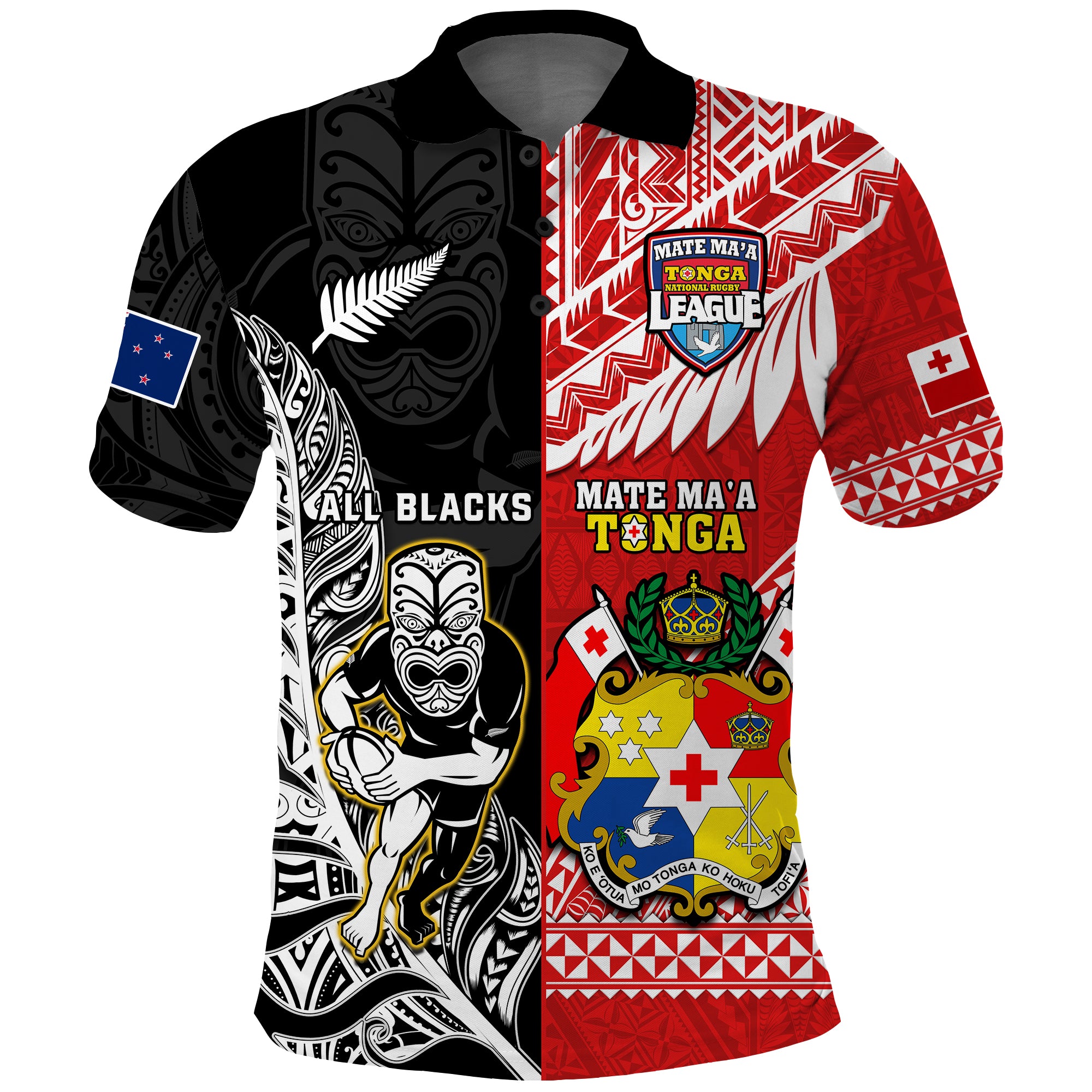 Custom Mate Maa Tonga and All Black Rugby Polo Shirt Polynesian Mix NZ Maori Fern LT14 Red - Polynesian Pride