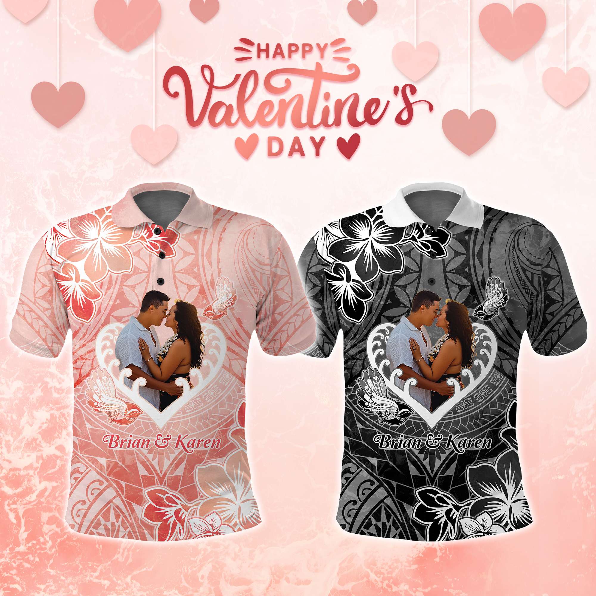 Custom Photo New Zealand Valentine Polo Shirt Maori Hongi With Piwakawaka CTM05