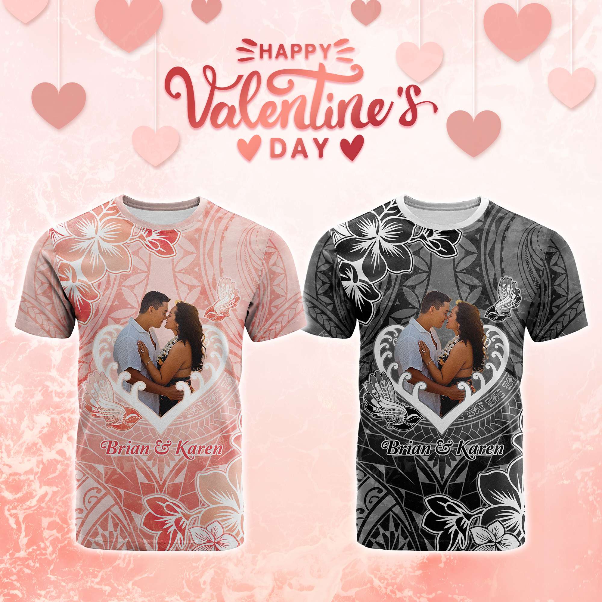 Custom Photo New Zealand Valentine T Shirt Maori Hongi With Piwakawaka CTM05