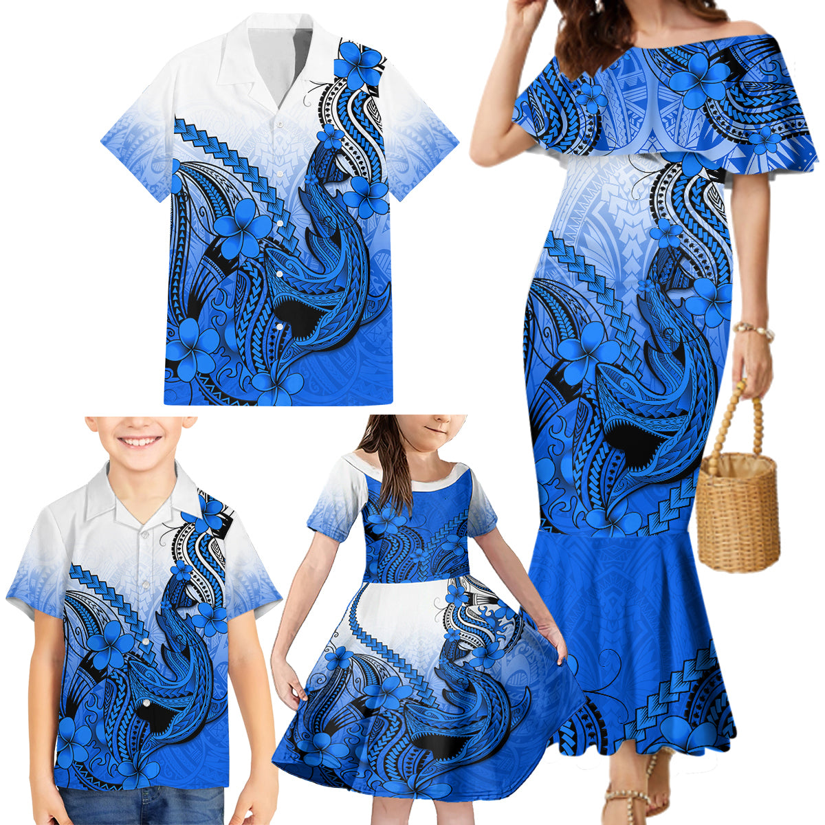 Blue Hawaii Family Matching Outfits Mermaid Dress And Hawaiian Shirt Polynesian Shark Tattoo LT14