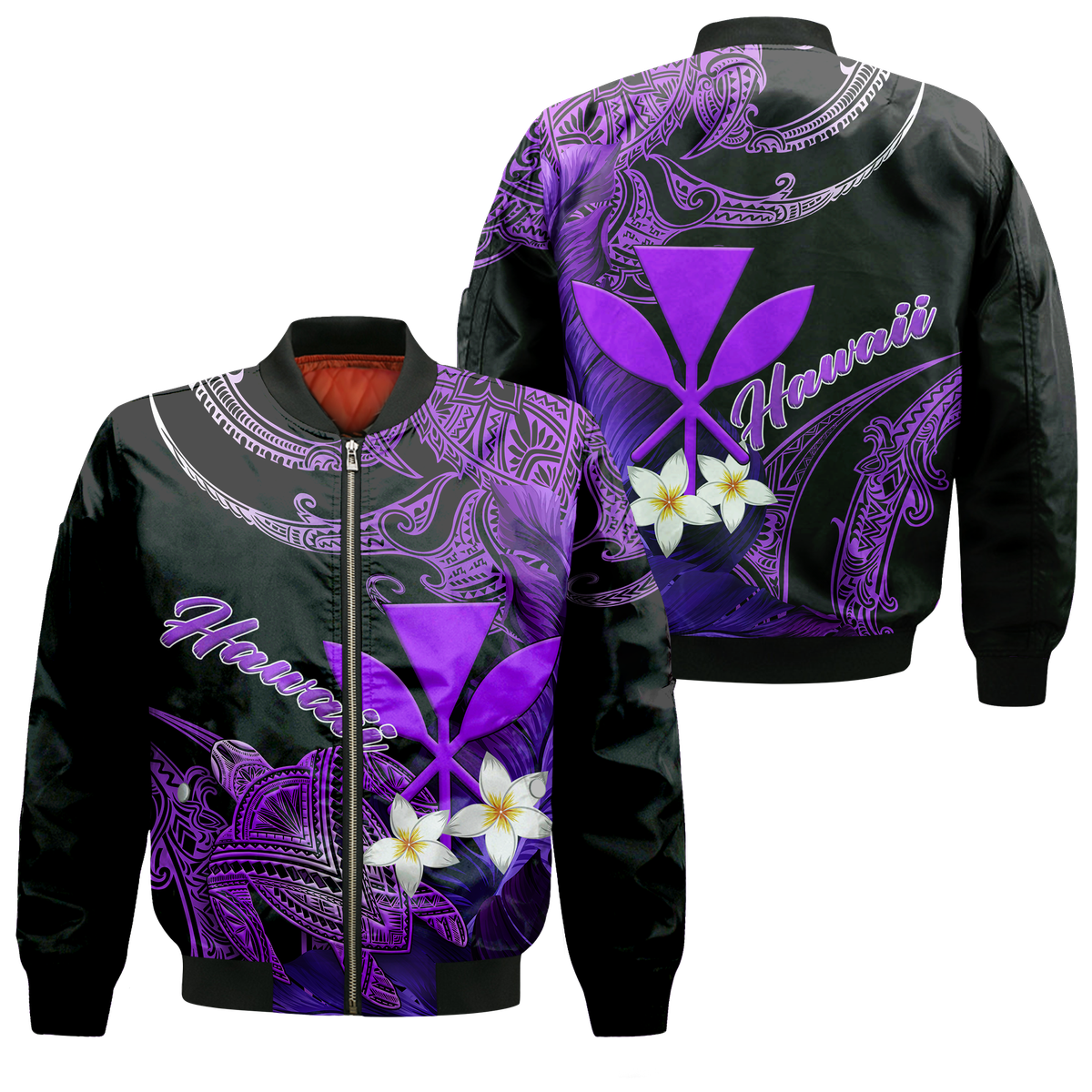 Hawaii Turtle With Plumeria Leaf Purple Bomber Jacket - LT12 Bomber Jacket Black - Polynesian Pride