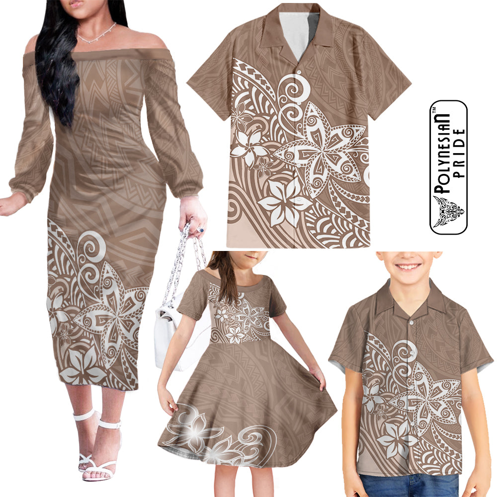 Hawaii Family Matching Outfits Polynesia Off Shoulder Long Sleeve Dress And Shirt Family Set Clothes Plumeria Beige Curves LT7 Beige - Polynesian Pride