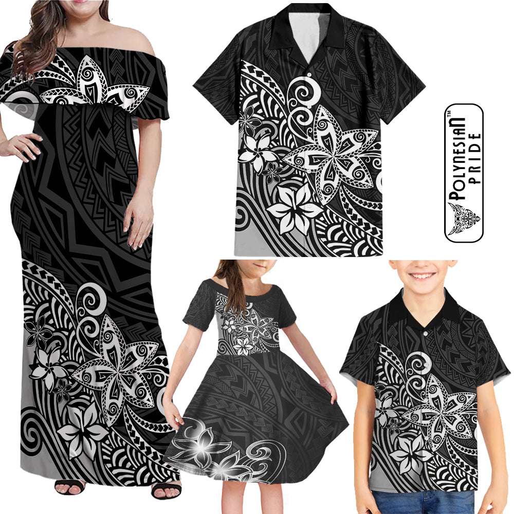 Hawaii Family Matching Outfits Polynesia Off Shoulder Maxi Dress And Shirt Family Set Clothes Plumeria Black Curves LT7 Black - Polynesian Pride
