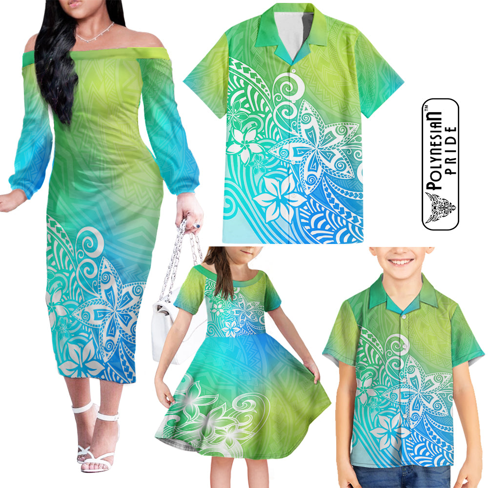 Hawaii Family Matching Outfits Polynesia Off Shoulder Long Sleeve Dress And Shirt Family Set Clothes Plumeria Blue Gradient Curves LT7 Blue Green - Polynesian Pride