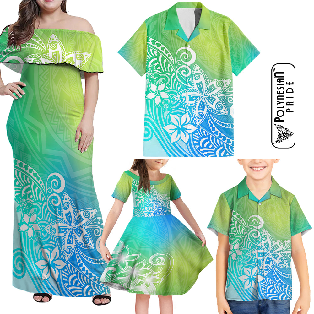Hawaii Family Matching Outfits Polynesia Off Shoulder Maxi Dress And Shirt Family Set Clothes Plumeria Blue Gradient Curves LT7 Blue Green - Polynesian Pride