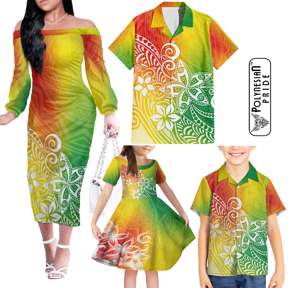 Hawaii Family Matching Outfits Polynesia Off Shoulder Long Sleeve Dress And Shirt Family Set Clothes Plumeria Reggae Curves LT7 Reggae - Polynesian Pride