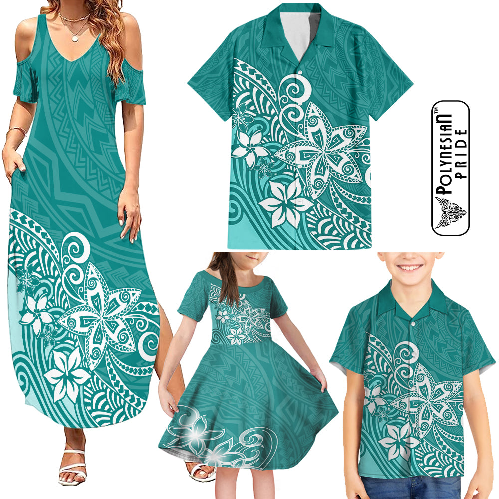 Hawaii Family Matching Outfits Polynesia Summer Maxi Dress And Shirt Family Set Clothes Plumeria Teal Curves LT7 Teal - Polynesian Pride