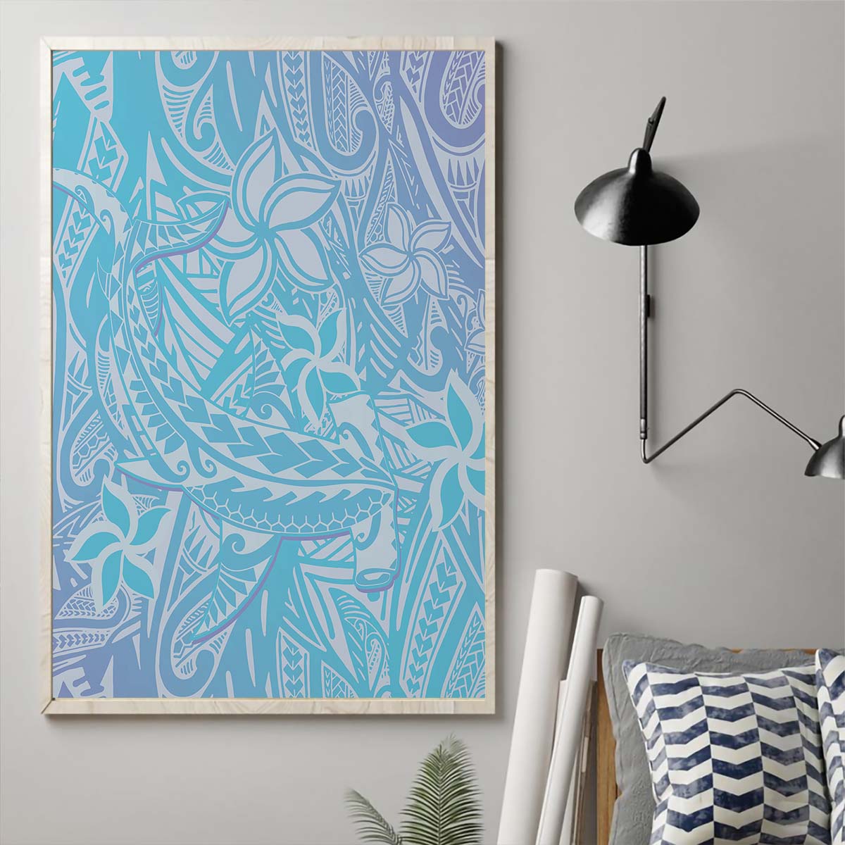 Baby Blue Gradient Polynesia Canvas Wall Art Hawaiian Tribal Hammerhead Shark Tattoo LT14 - Polynesian Pride