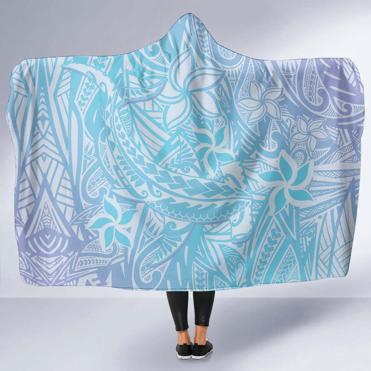 Baby Blue Gradient Polynesia Hooded Blanket Hawaiian Tribal Hammerhead Shark Tattoo LT14 - Polynesian Pride