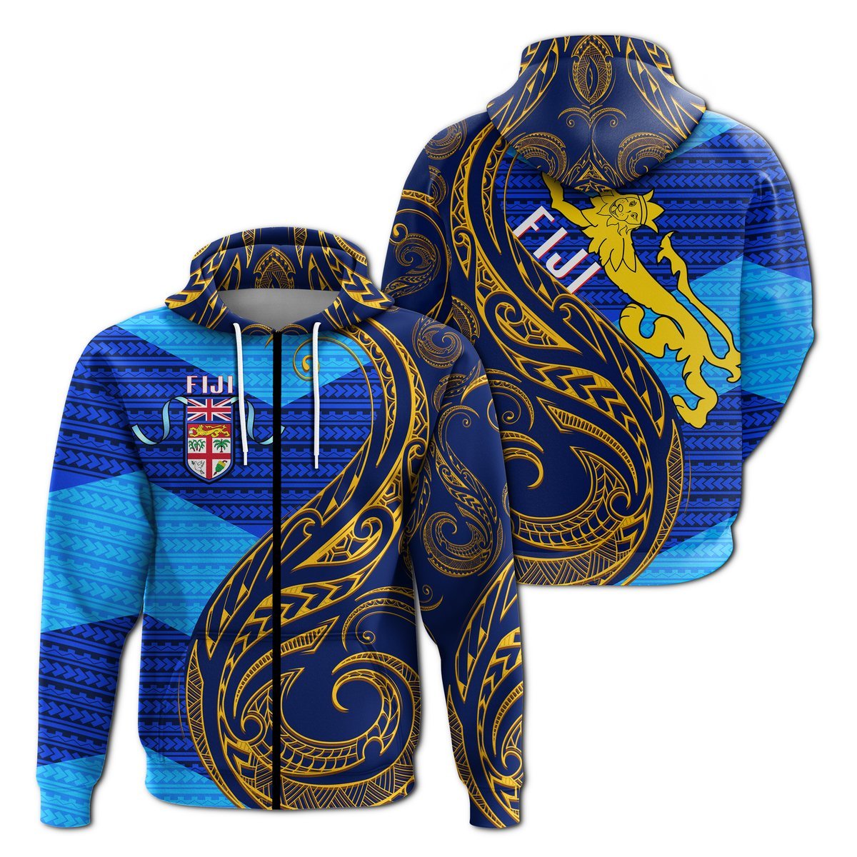 Fiji Zip up Hoodie Flags Color With Gold Polynesian Pattern LT20 Unisex Blue - Polynesian Pride