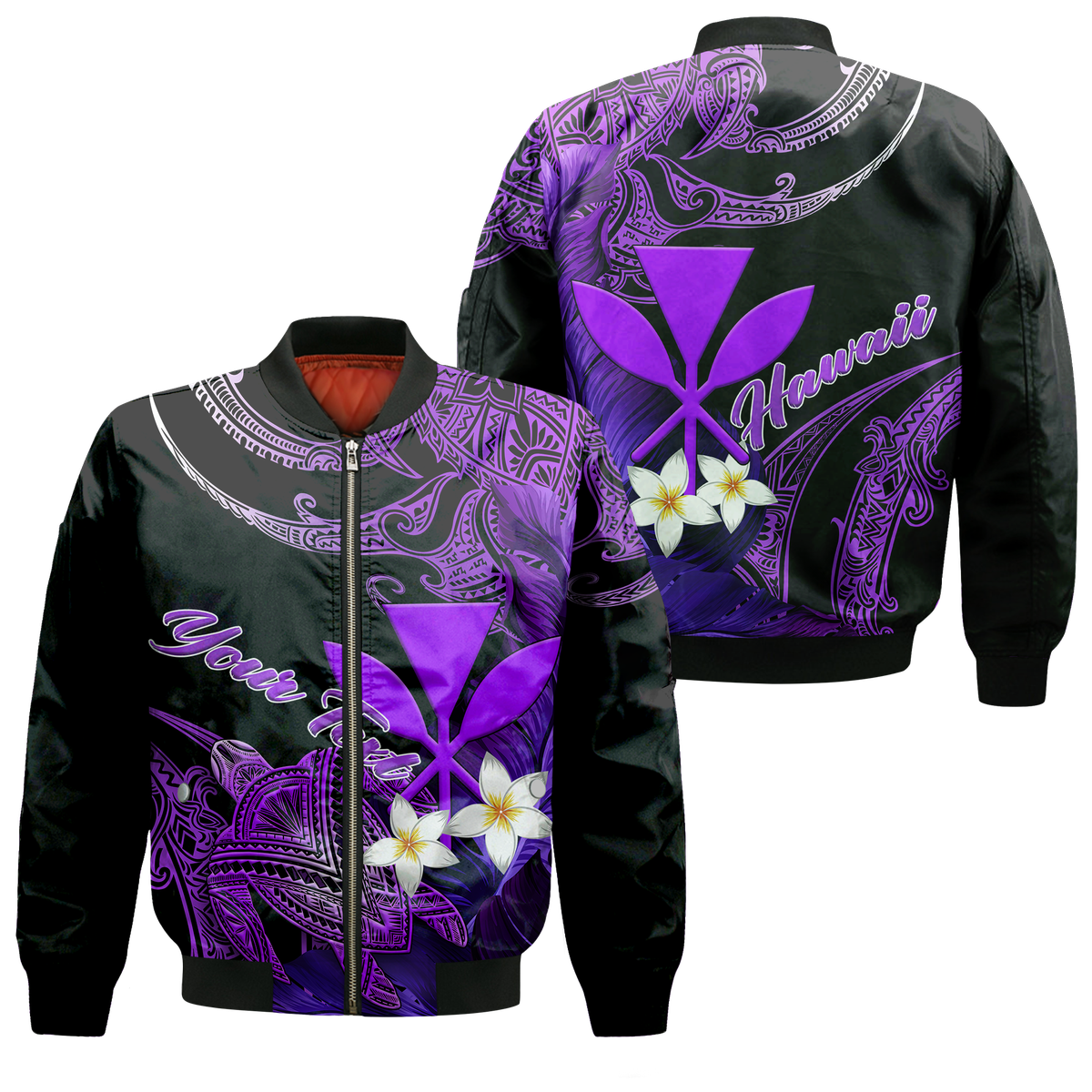 (Custom Personalised) Hawaii Turtle With Plumeria Leaf Purple Bomber Jacket - LT12 Bomber Jacket Black - Polynesian Pride