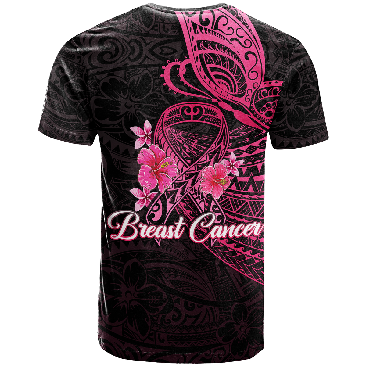 Breast Cancer Pink Ribbon Butterfly Polynesian Black Version T Shirt LT12 - Polynesian Pride