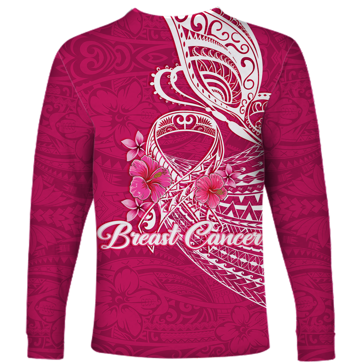 Breast Cancer Pink Ribbon Butterfly Polynesian Pink Version Long Sleeve Shirt - LT12 - Polynesian Pride