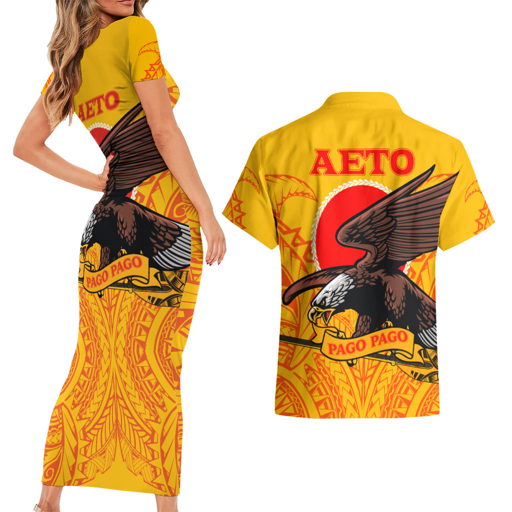 American Samoa Couples Matching Short Sleeve Bodycon Dress and Hawaiian Shirt Aeto Pago Pago Eagle LT03