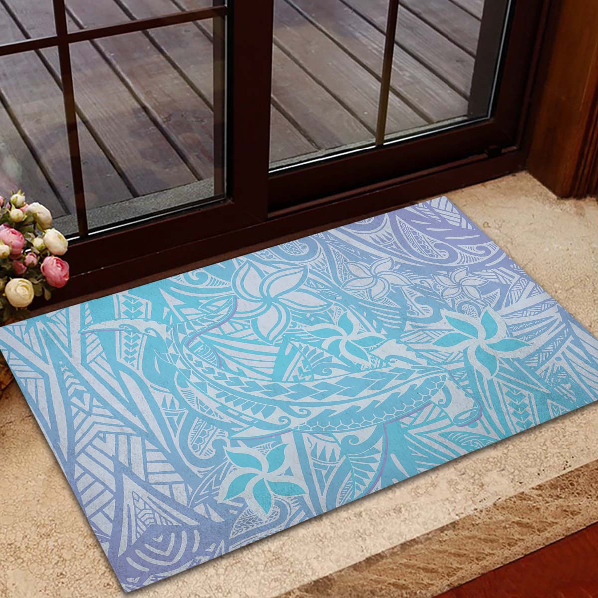 Baby Blue Gradient Polynesia Rubber Doormat Hawaiian Tribal Hammerhead Shark Tattoo LT14 - Polynesian Pride