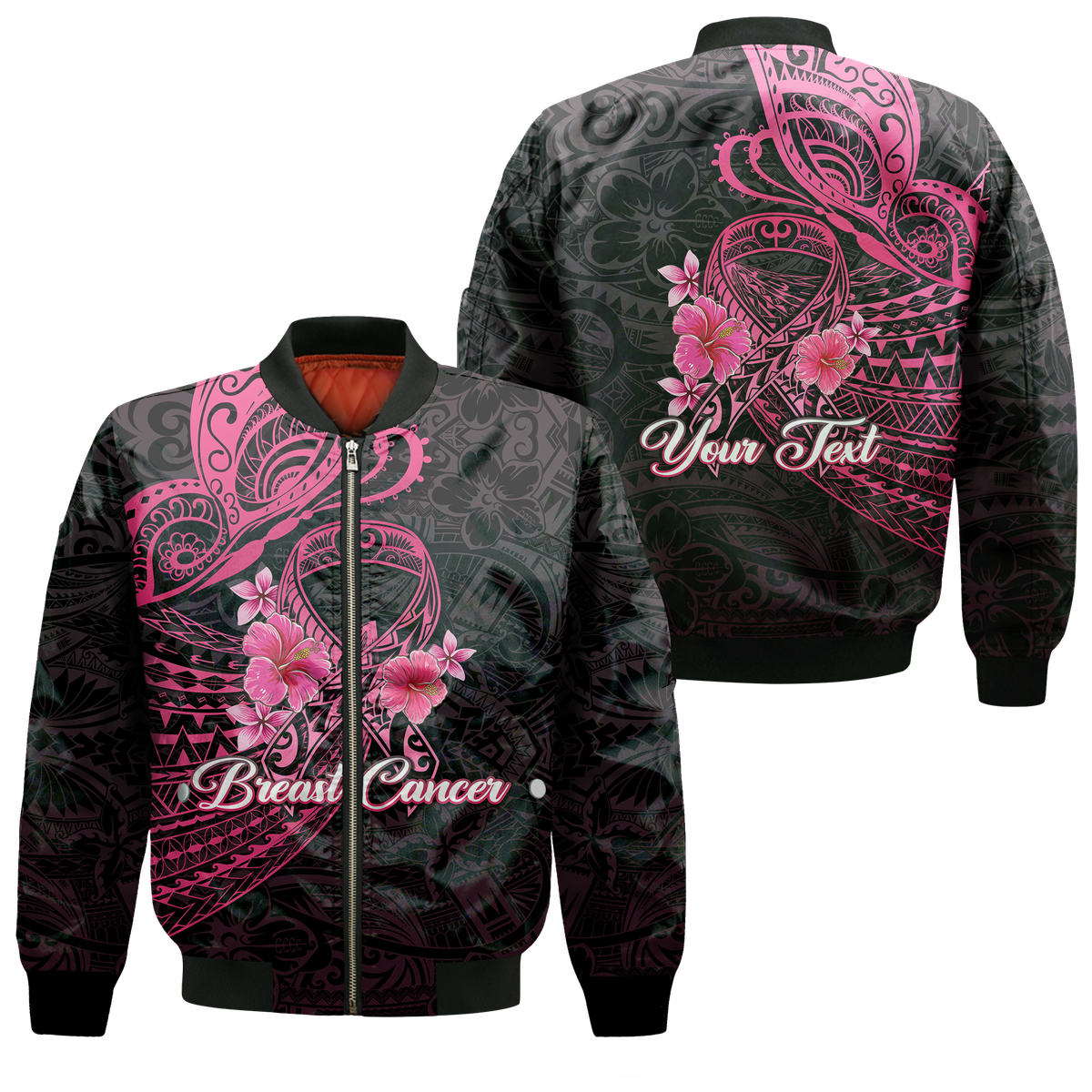 (Custom Personalised) Breast Cancer Pink Ribbon Butterfly Polynesian Black Version Bomber Jacket - LT12 Bomber Jacket Black - Polynesian Pride