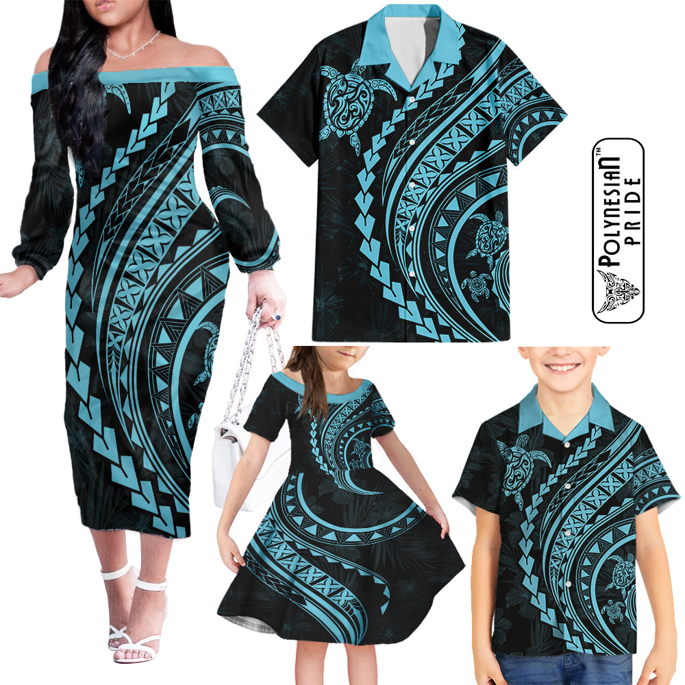 Hawaii Family Matching Outfits Polynesian Pride Off Shoulder Long Sleeve Dress And Shirt Family Set Clothes Turtle Hibiscus Luxury Style - Aquamarine LT7 Blue - Polynesian Pride