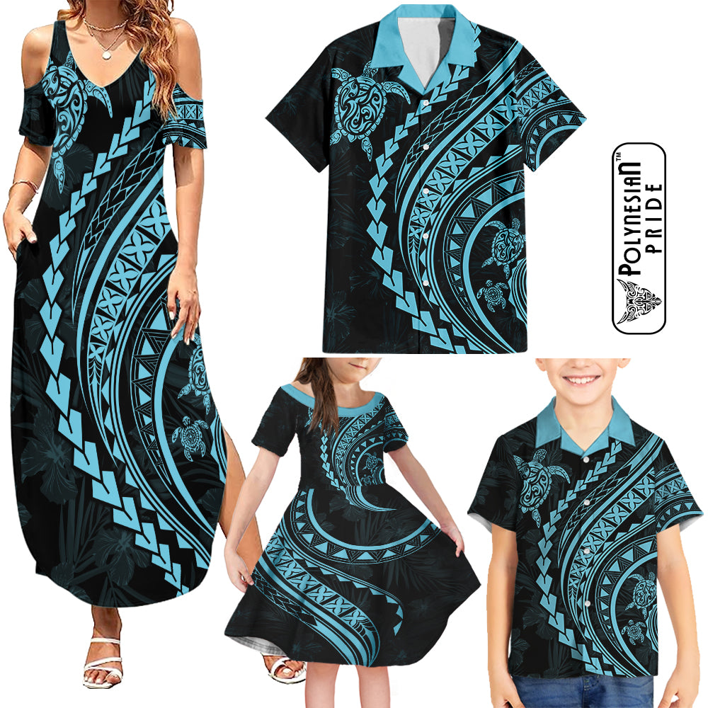 Hawaii Family Matching Outfits Polynesian Pride Summer Maxi Dress And Shirt Family Set Clothes Turtle Hibiscus Luxury Style - Aquamarine LT7 Blue - Polynesian Pride