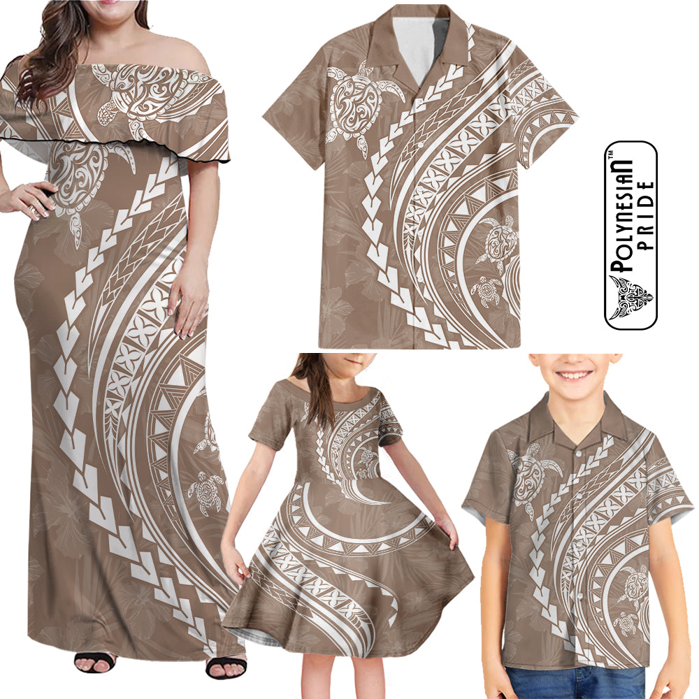 Hawaii Family Matching Outfits Polynesian Pride Off Shoulder Maxi Dress And Shirt Family Set Clothes Turtle Hibiscus Luxury Style - Beige LT7 Beige - Polynesian Pride