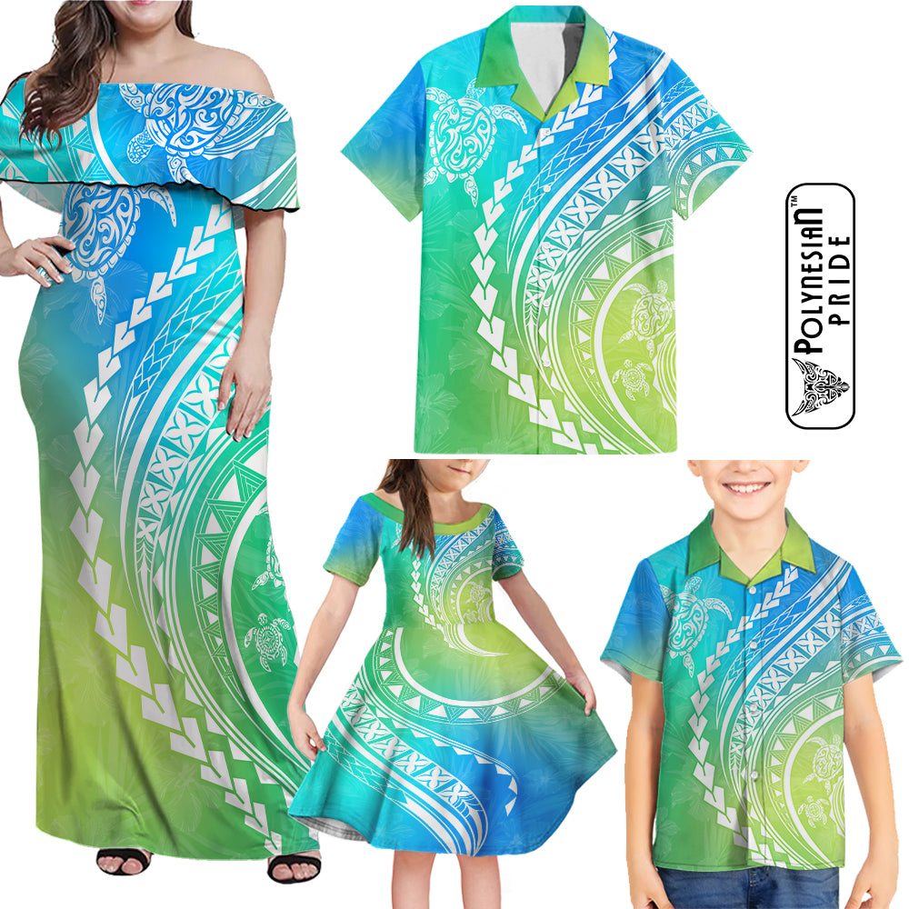 Hawaii Family Matching Outfits Polynesian Pride Off Shoulder Maxi Dress And Shirt Family Set Clothes Turtle Hibiscus Luxury Style - Gradient Blue LT7 Blue Green - Polynesian Pride