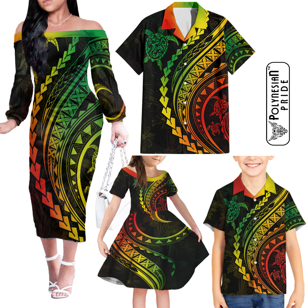 Hawaii Family Matching Outfits Polynesian Pride Off Shoulder Long Sleeve Dress And Shirt Family Set Clothes Turtle Hibiscus Luxury Style - Reggae Ver2 LT7 Reggae - Polynesian Pride