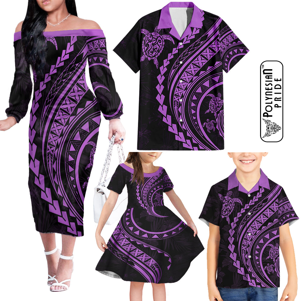 Hawaii Family Matching Outfits Polynesian Pride Off Shoulder Long Sleeve Dress And Shirt Family Set Clothes Turtle Hibiscus Luxury Style - Lilac LT7 Purple - Polynesian Pride