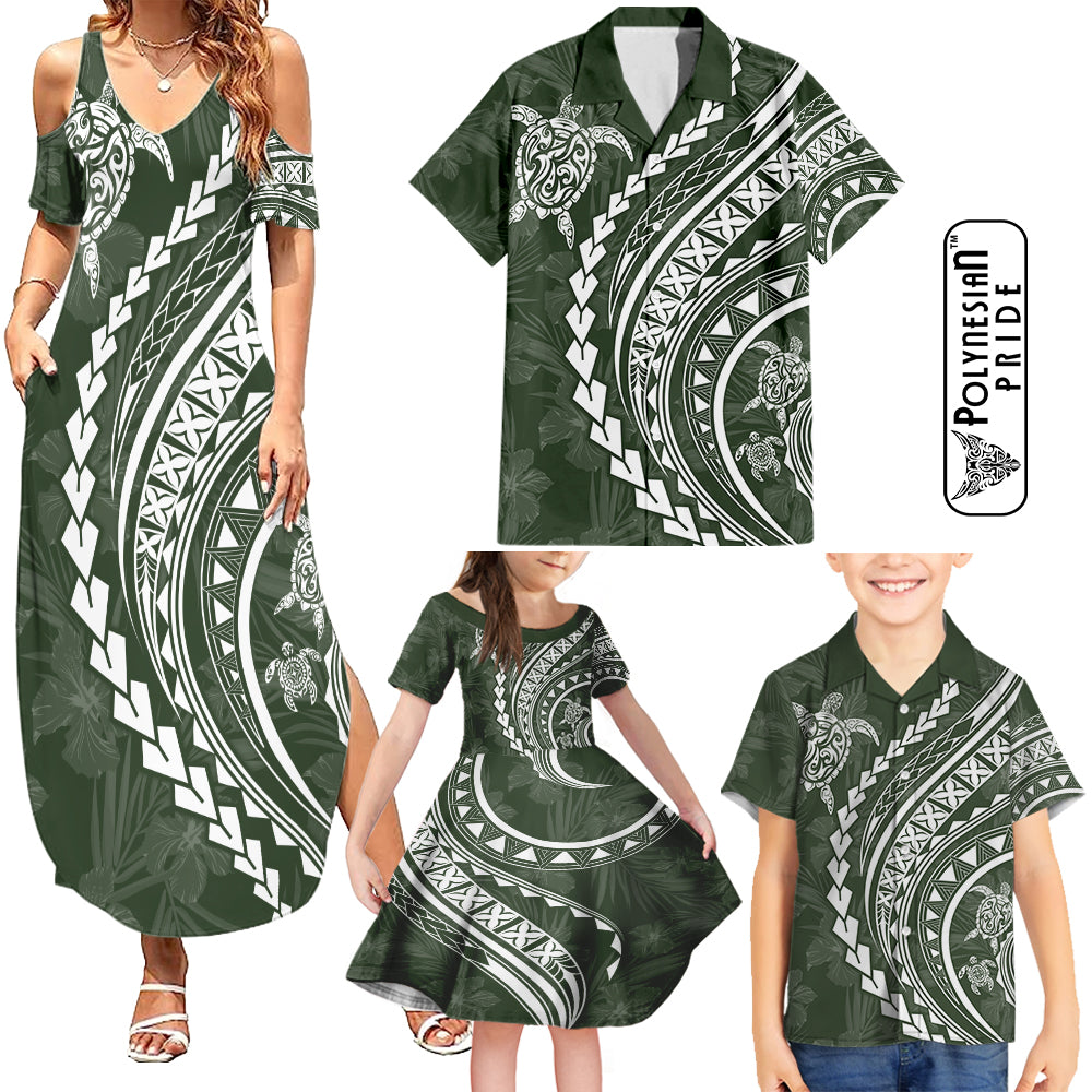Hawaii Family Matching Outfits Polynesian Pride Summer Maxi Dress And Shirt Family Set Clothes Turtle Hibiscus Luxury Style - Sage LT7 Sage Green - Polynesian Pride