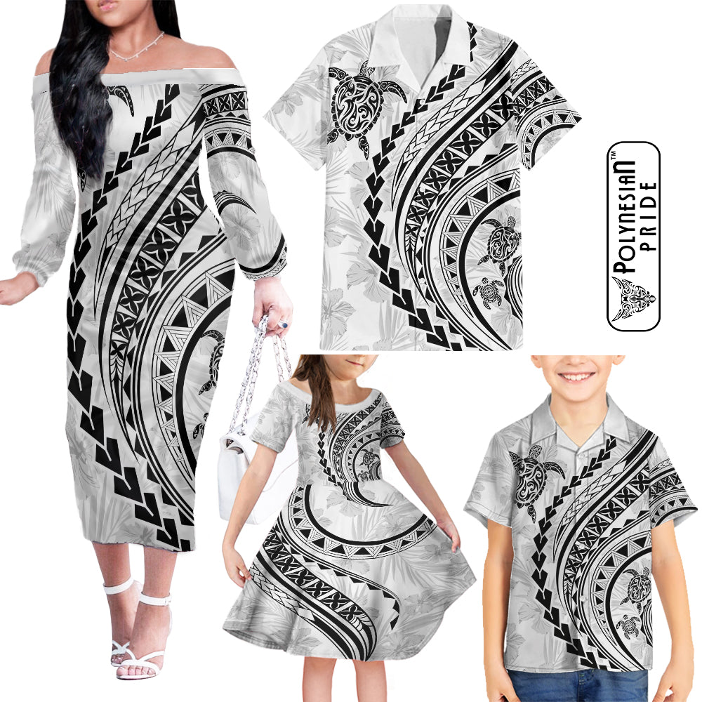 Hawaii Family Matching Outfits Polynesian Pride Off Shoulder Long Sleeve Dress And Shirt Family Set Clothes Turtle Hibiscus Luxury Style - White LT7 White - Polynesian Pride