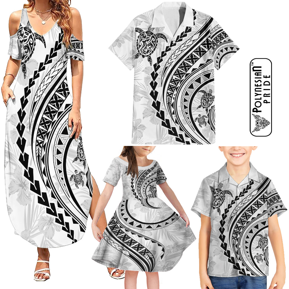 Hawaii Family Matching Outfits Polynesian Pride Summer Maxi Dress And Shirt Family Set Clothes Turtle Hibiscus Luxury Style - White LT7 White - Polynesian Pride