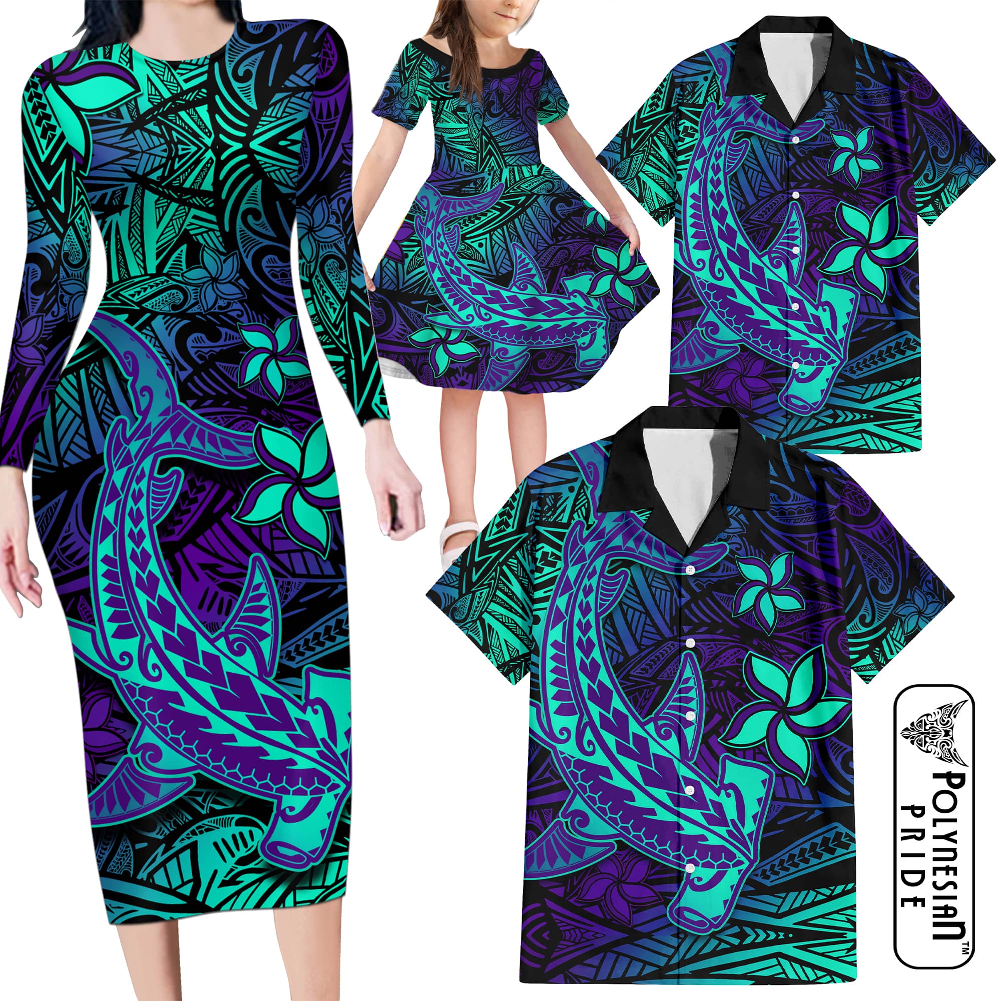 Purple Polynesian Family Matching Long Sleeve Bodycon Dress and Hawaiian Shirt Tribal Hammerhead Shark LT14 - Polynesian Pride