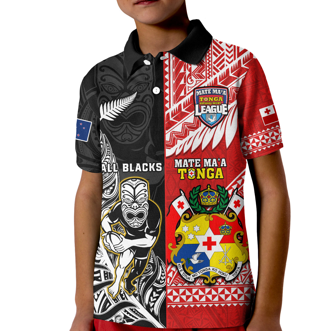 (Custom Personalised) Mate Maa Tonga And All Black Rugby Polo Shirt KID Polynesian Mix NZ Maori Fern LT14 Kid Red - Polynesian Pride