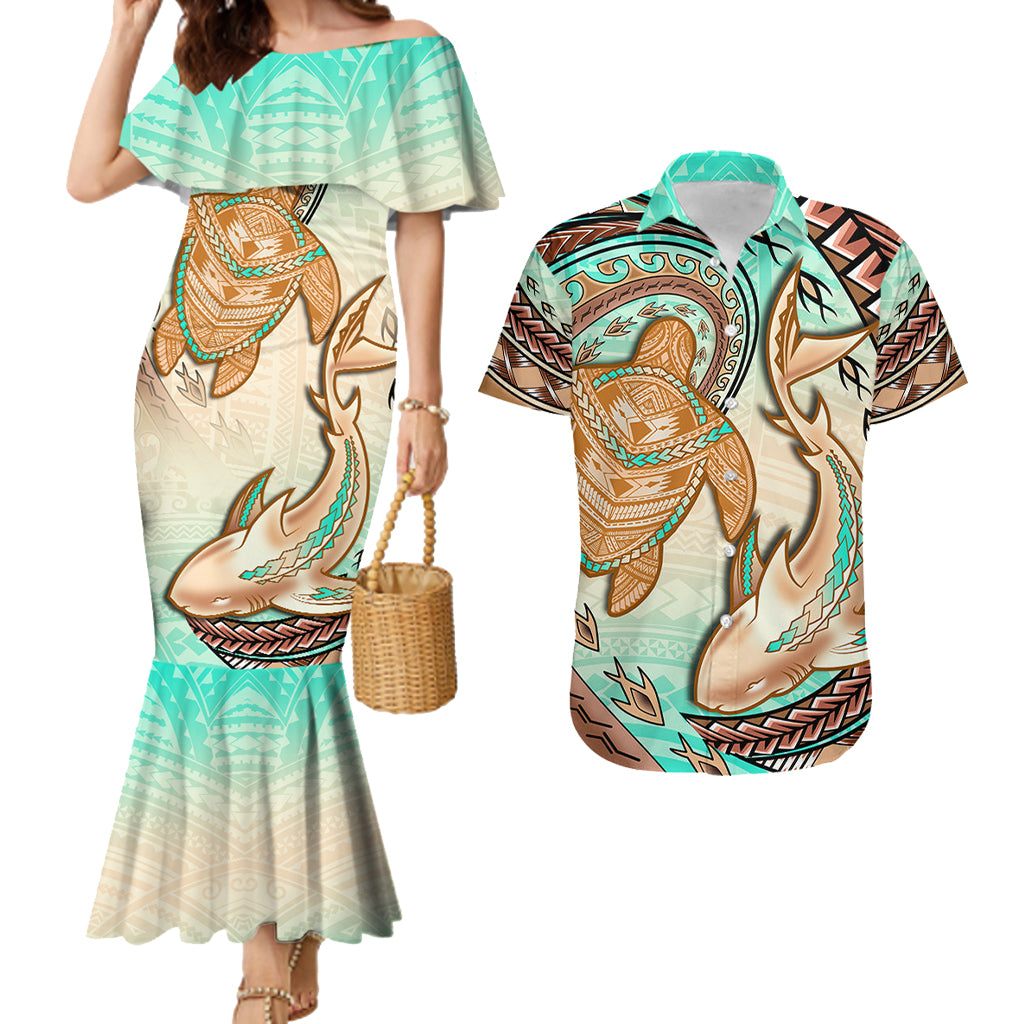 Hawaii Couples Matching Mermaid Dress And Hawaiian Shirt Polynesian Shark And Sea Turtle Dreamy Turquoise LT14 Turquoise - Polynesian Pride