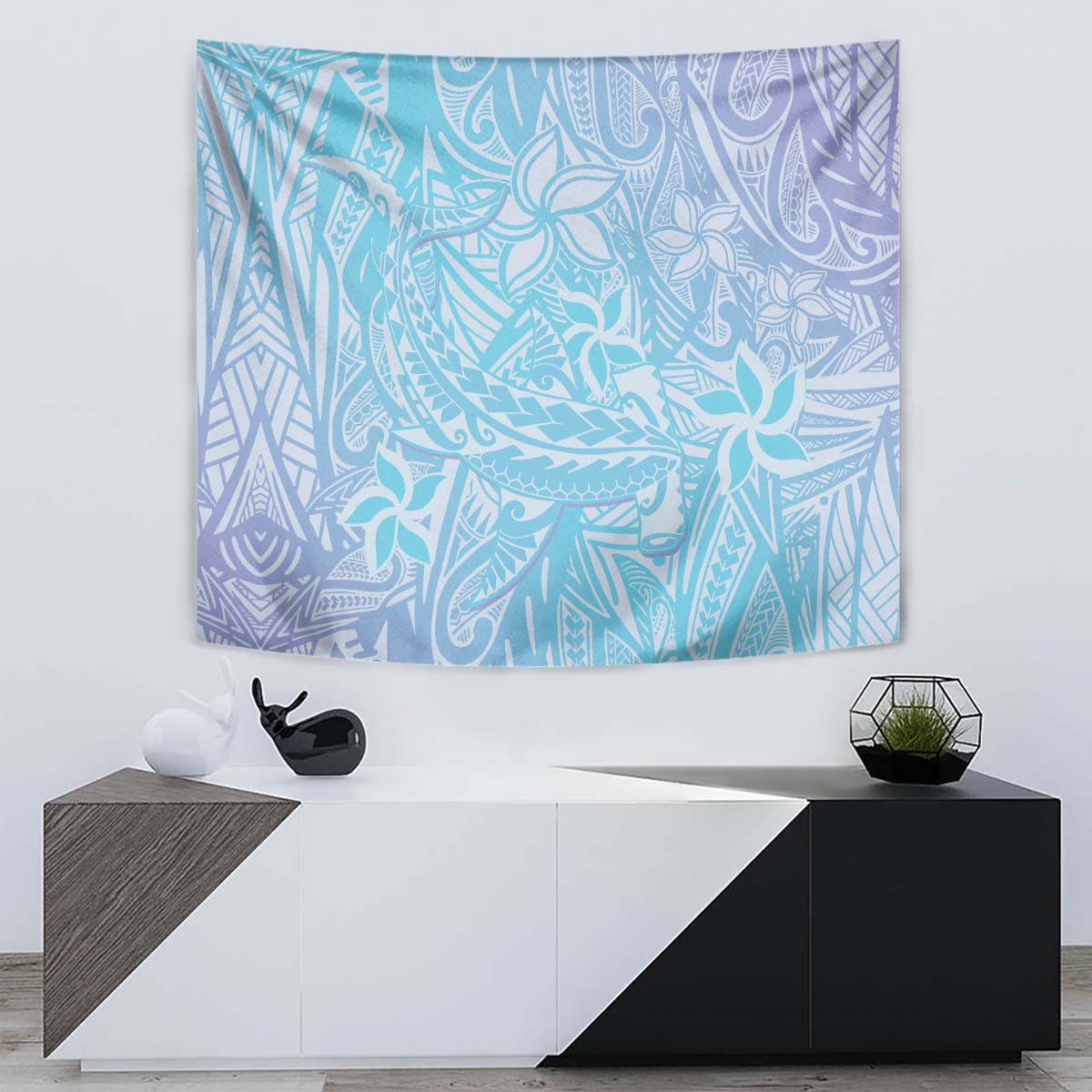 Baby Blue Gradient Polynesia Tapestry Hawaiian Tribal Hammerhead Shark Tattoo LT14